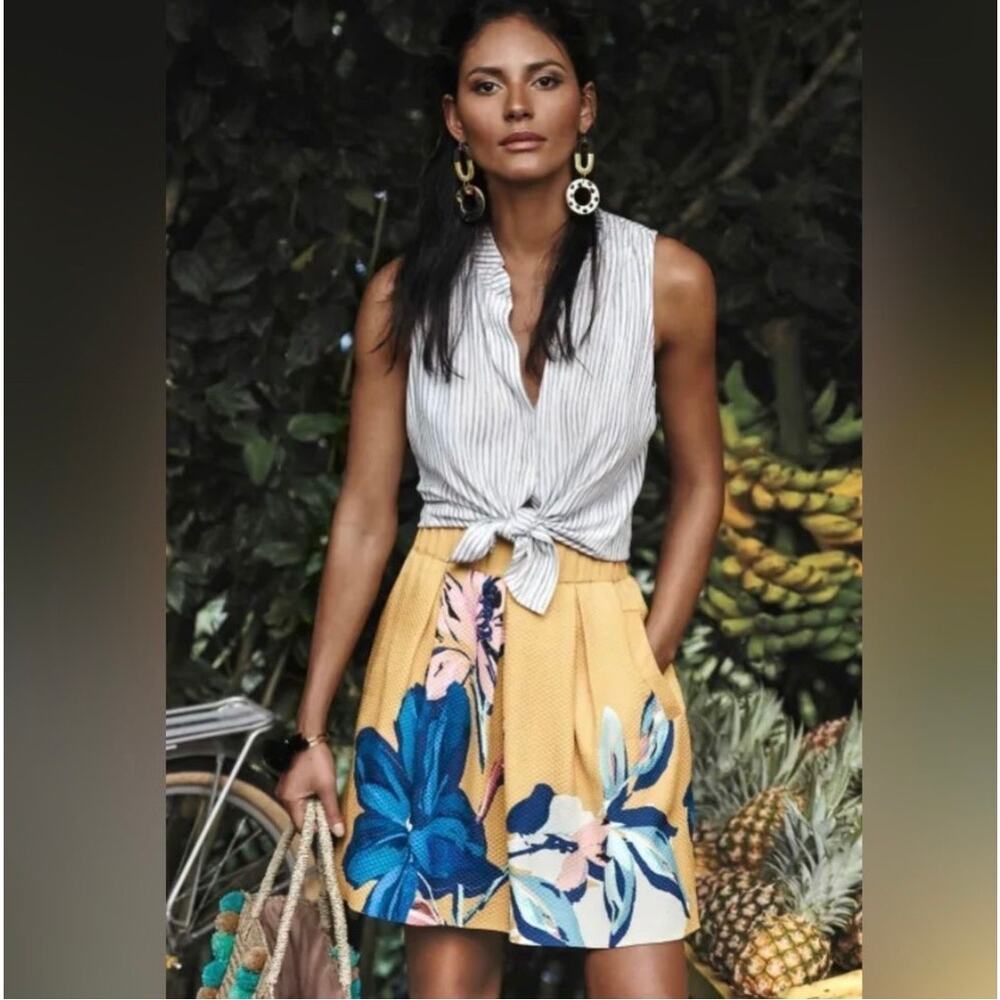 Anthropologie Maeve Tropicale Floral A-line Mini Skirt Yellow size 14 - Picture 1 of 6